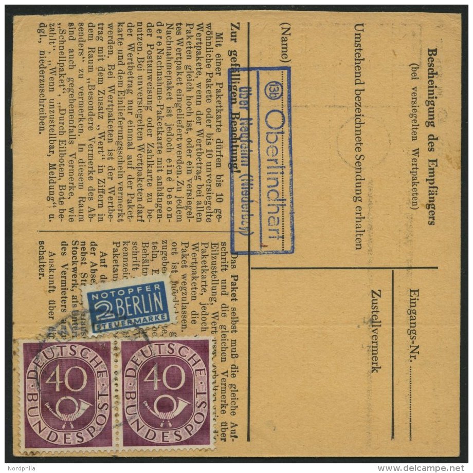 BUNDESREPUBLIK 133 Paar BRIEF, 1954, 40 Pf. Posthorn Im Waagerechten Paar Als Seltene Mehrfachfrankatur Auf Paketkarte A - Used Stamps