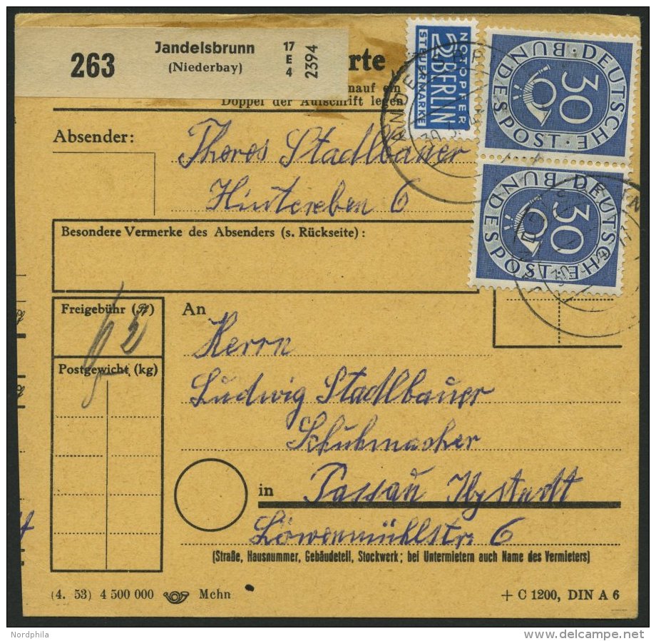 BUNDESREPUBLIK 132 Paar BRIEF, 1954, 30 Pf. Posthorn Im Waagerechten Paar Als Mehrfachfrankatur Auf Paketkarte Aus JANDE - Used Stamps