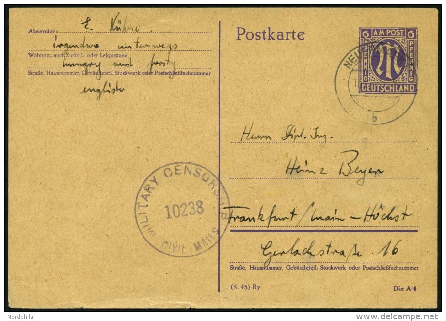 AMERIK. U. BRITISCHE ZONE - GANZSACHEN P 903II03 BRIEF, 1945, 6 Pf. AM-Post, Type II, 4 Geschlossen, Anstrich Der 6 Nach - Other & Unclassified