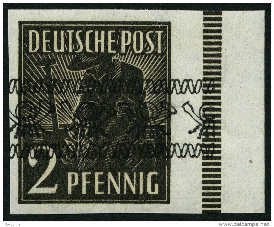 AMERIK. U. BRITISCHE ZONE 36IU **, 1948, 2 Pf. Bandaufdruck, Ungezähnt, Randstück, Pracht, Gepr. Schlegel, Mi. - Other & Unclassified