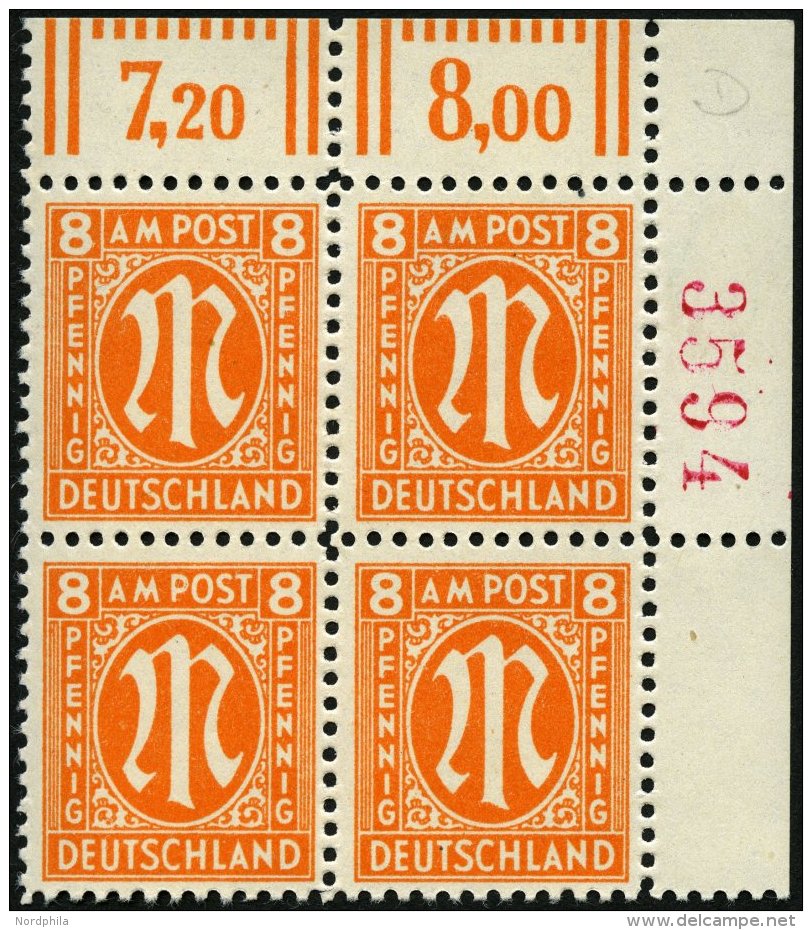 AMERIK. U. BRITISCHE ZONE 21Dr4 VB **, 1945, 8 Pf. Rötlichorange Im Eckrandviererblock, Mit Roter Nummer, 4 Ziffern - Other & Unclassified