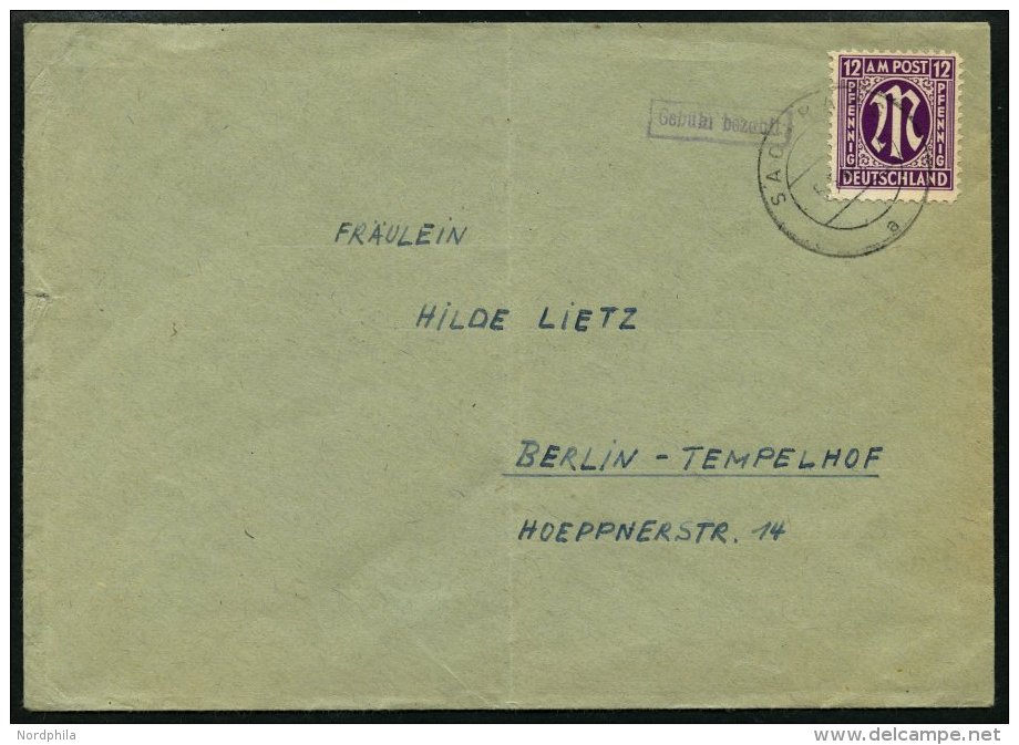 AMERIK. U. BRITISCHE ZONE 7 BRIEF, 15.3.1946, 12 Pf. Dunkelpurpur Auf Brief Aus SACHRANG, Mit Violettem Gebühr Beza - Other & Unclassified