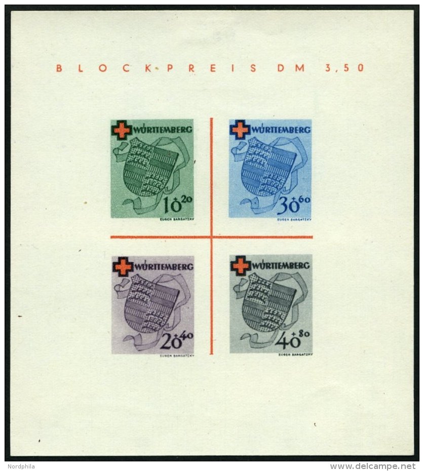 WÜRTTEMBERG Bl. 1I/V (*), 1949, Block Rotes Kreuz, Type IV: Roter Doppelpunkt Unter R In Blockpreis, Falzrest, Prac - Other & Unclassified