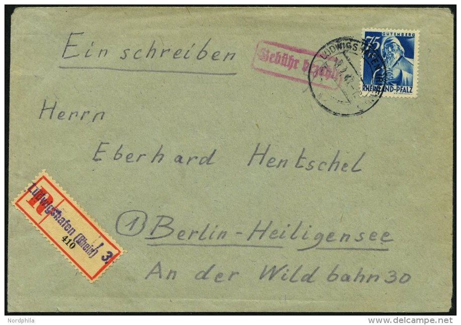 RHEINLAND PFALZ 13 BRIEF, 18.7.47, 75 Pf. Blau Auf Einschreibbrief, 9 Pf.-Teilbarfrankatur (der 84 Pf. Wert Ist Erst Im - Other & Unclassified