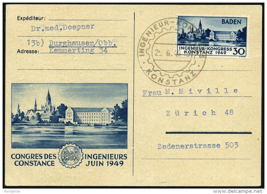 BADEN 46I BRIEF, 1949, 30 Pf. Konstanz I, Mit Sonderstempel Auf Sonderkarte In Die Schweiz, Pracht - Other & Unclassified