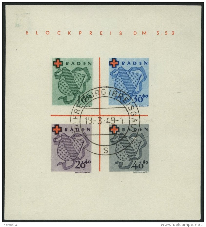 BADEN Bl. 2II/II O, 1949, Block Rotes Kreuz, Type II, Falzhelle Stelle Im Oberrand Sonst Pracht, Gepr. H.D. Schlegel, Mi - Other & Unclassified