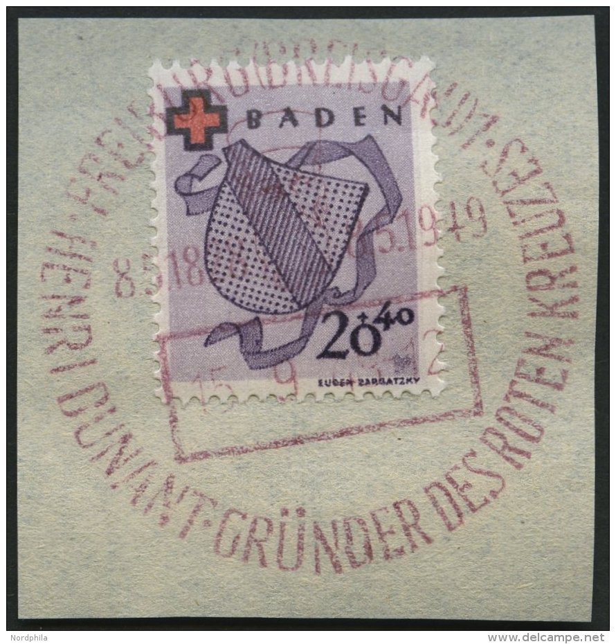BADEN 43 BrfStk, 1949, 20 Pf. Rotes Kreuz Auf Briefstück Mit Rotem Sonderstempel, Gepr. Schlegel - Other & Unclassified