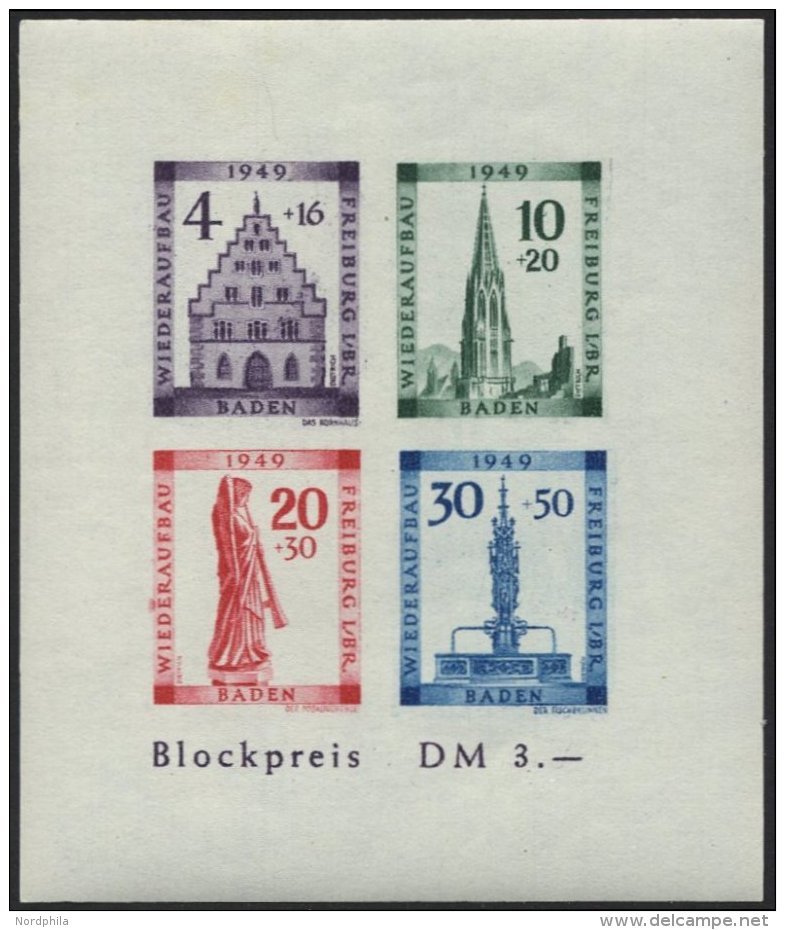 BADEN Bl. 1BV **, 1949, Block Freiburg, Ungezähnt, Mit Abart 20 Pf. Mit Balken über Zweitem E In Wiederaufbau, - Other & Unclassified