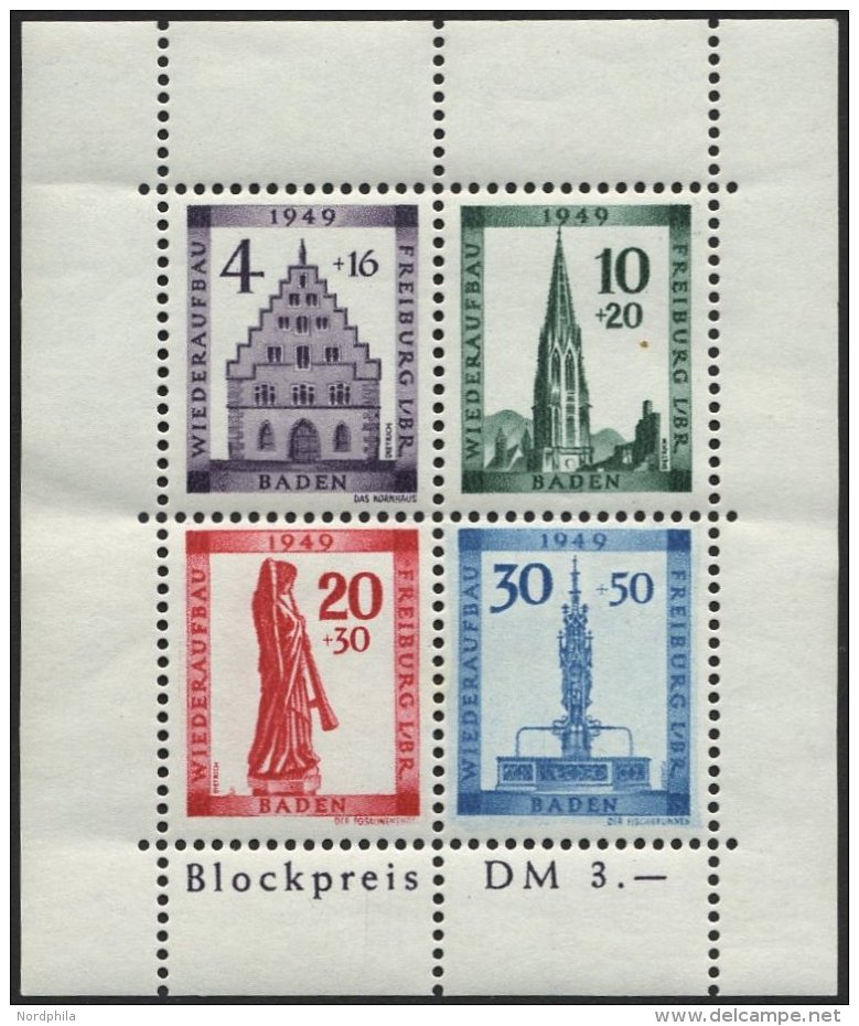 BADEN Bl. 1AI **, 1949, Block Freiburg, Gezähnt, Mit Abart Sirene Neben Sockel Des Engels, Feinst, Mi. 300.- - Other & Unclassified