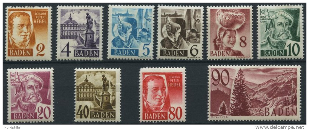 BADEN 28-37 *, 1948, Freimarken, Ohne Währungsangabe, Falzrest, Prachtsatz, Mi. 100.- - Other & Unclassified