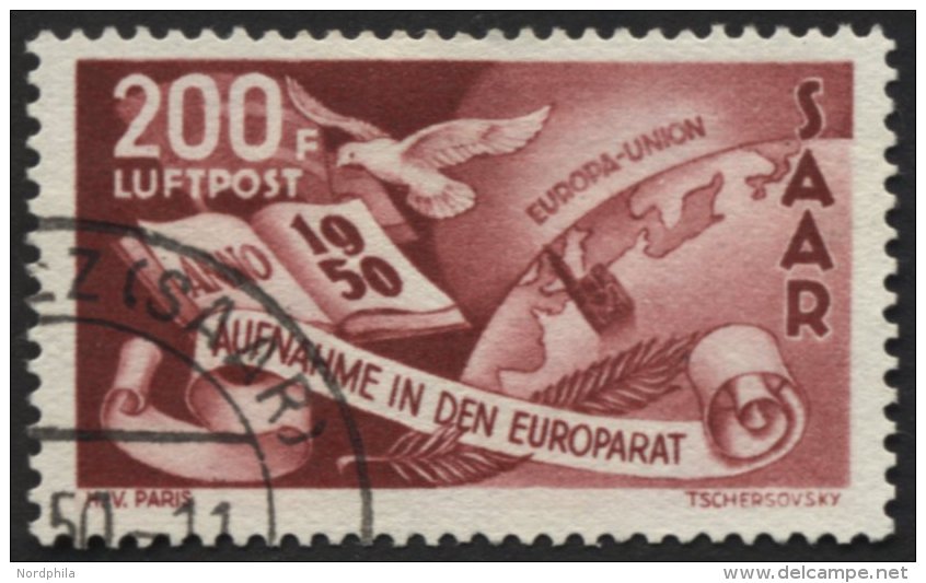 SAARLAND 298 O, 1950, 200 Fr. Europarat, Pracht, Gepr. Hoffmann BPP, Mi. 310.- - Other & Unclassified