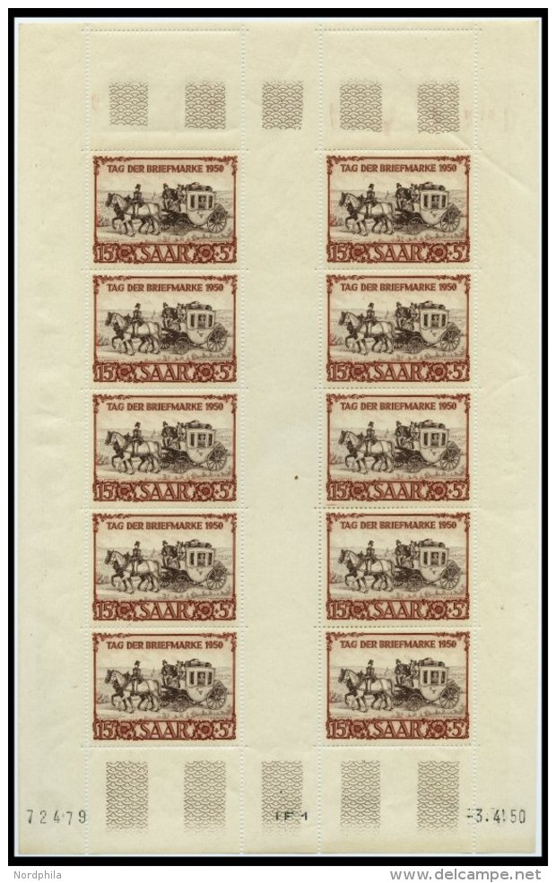 SAARLAND 291KB **, 1950, 15 Fr. IBASA Im Kleinbogen (10) Mit Druckdatum 3.4.50, Pracht, Gepr. Ney, Mi. 2000.- - Other & Unclassified