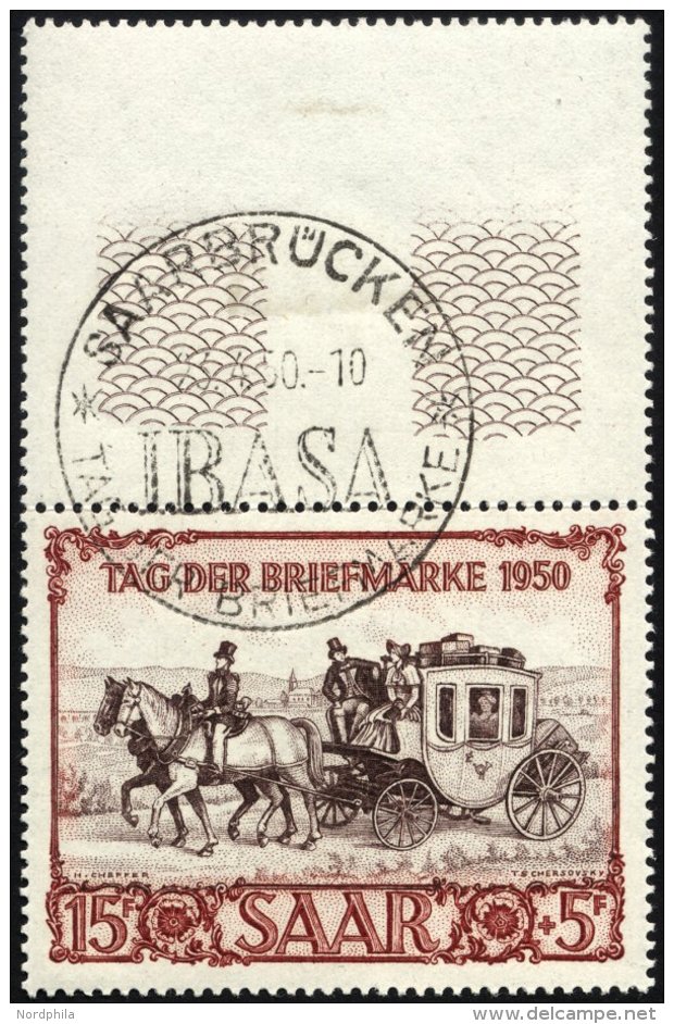 SAARLAND 291 O, 1950, 15 Fr. IBASA Mit Oben Anhängendem Leerfeld, Ersttags-Sonderstempel, Pracht, Gepr. Ney - Other & Unclassified