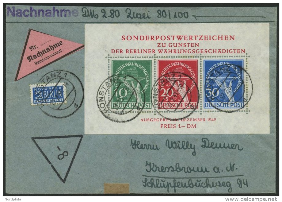 BERLIN Bl. 1 BRIEF, 1957, Block Währungsgeschädigte Auf Nachnahmebrief Aus Konstanz, Minimale Bedarfsspuren, P - Used Stamps