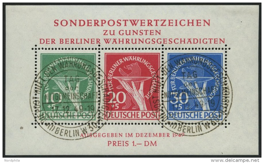 BERLIN Bl. 1 O, 1949, Block Währungsgeschädigte, Ersttagssonderstempel, Pracht, Gepr. Schlegel, Mi. (2200.-) - Used Stamps