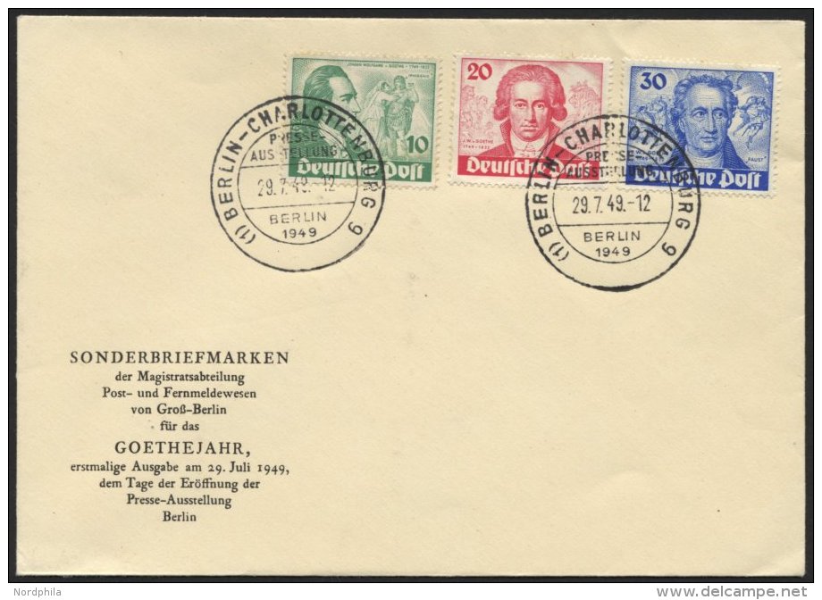 BERLIN 61-63 BRIEF, 1949, Goethe Auf Amtlichem FDC, Pracht, Fotoattest Schlegel, Mi. 700.- - Used Stamps