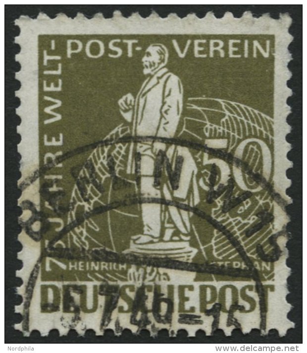 BERLIN 38I O, 1949, 50 Pf. Stephan Mit Abart Sockellinien Rechts Gebrochen, Zahnfehler, Feinst, Mi. -.- - Used Stamps