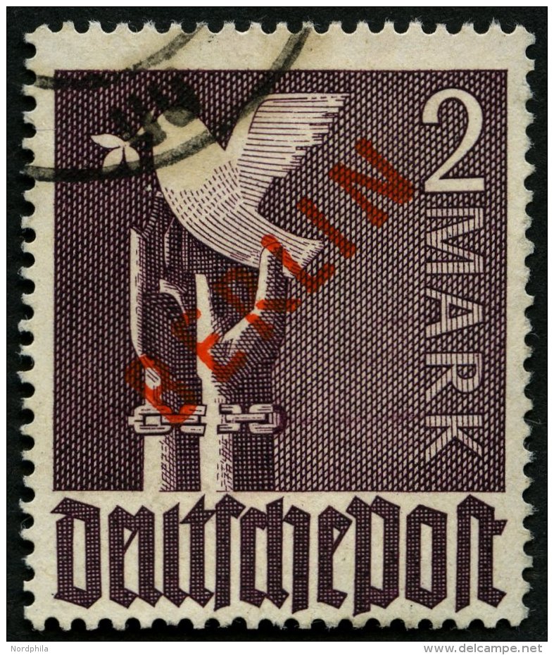 BERLIN 34 O, 1949, 2 M. Rotaufdruck, üblich Gezähnt Pracht, Gepr. Schlegel, Mi. 280.- - Used Stamps