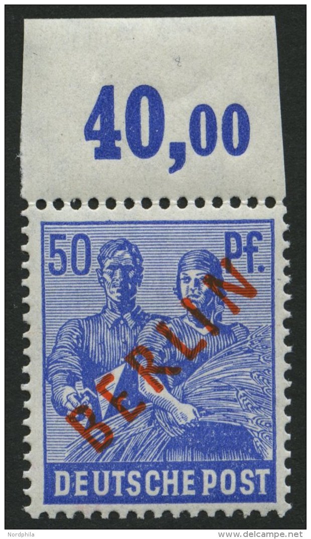 BERLIN 30POR **, 1949, 50 Pf. Rotaufdruck, Plattendruck, Oberrandstück, Nicht Duchgezähnt, Pracht, Gepr. D. Sc - Used Stamps