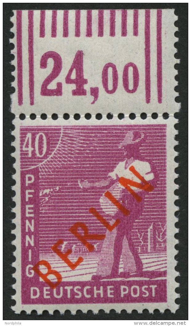 BERLIN 29WOR **, 1949, 40 Pf. Rotaufdruck, Walzendruck, Oberrandstück, Pracht, Gepr. D. Schlegel, Mi. 400.- - Used Stamps