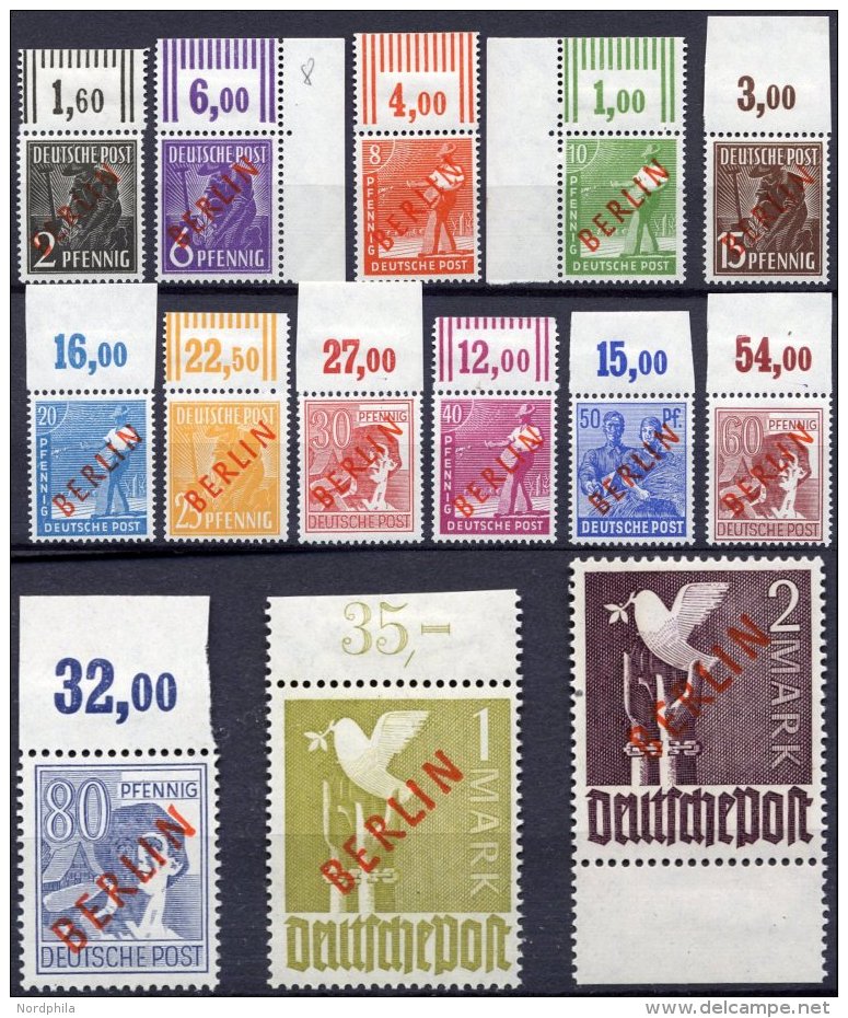 BERLIN 21-34 **, 1949, Rotaufdruck, 2 M. Unterrandstück, Sonst Alle Vom Oberrand (dort Falzrest), Prachtsatz, Gepr. - Used Stamps