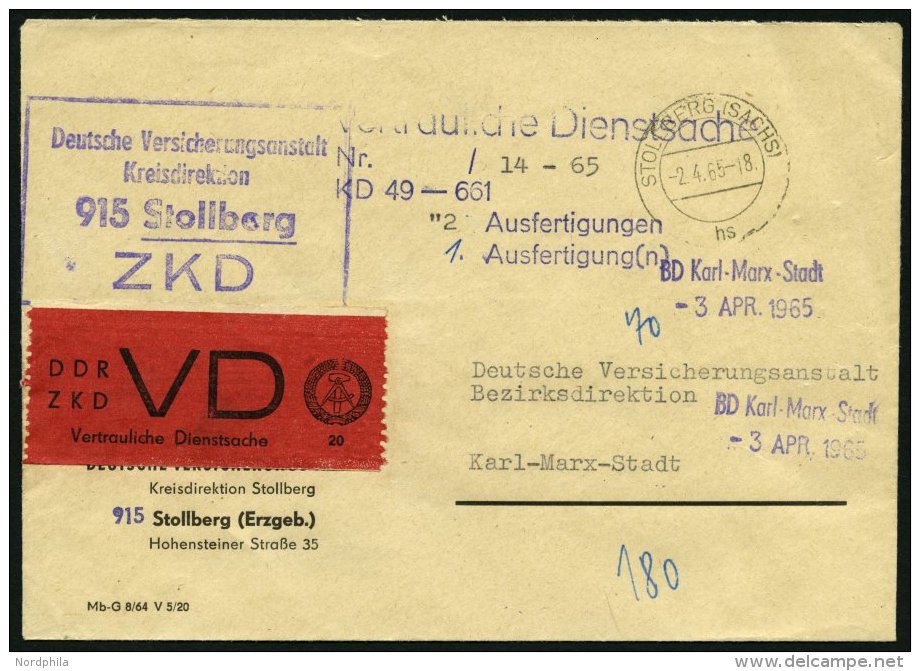 DIENSTMARKEN D VD 1A BRIEF, 1965, 20 Pf. Bräunlichrot/schwarz, Gezähnt 91/2, Auf Brief Aus STOLLBERG, Normale - Other & Unclassified