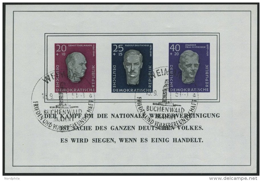 DDR Bl. 15 O, 1958, Block Buchenwald, Ersttags-Sonderstempel, Pracht, Mi. 130.- - Used Stamps