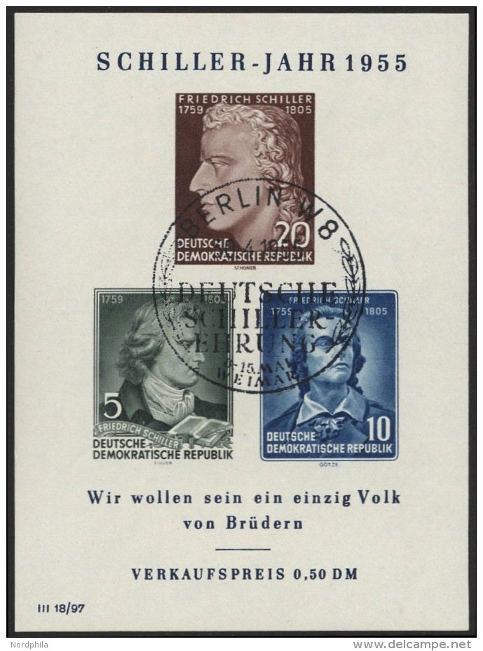 DDR Bl. 12IV O, 1955, Block Schiller Mit Abart Vorgezogener Fußstrich Bei J, Sonderstempel, Pracht, Mi. 80.- - Used Stamps