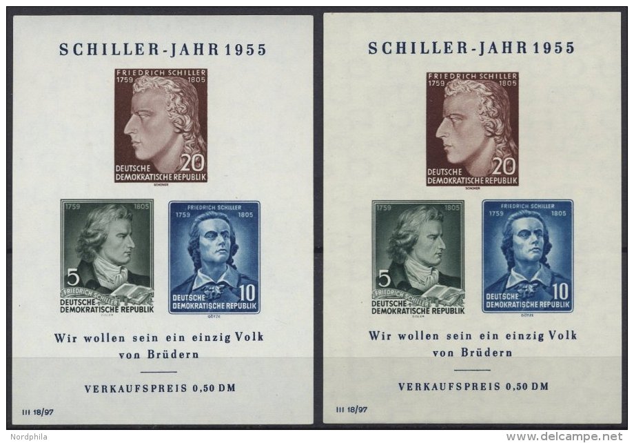 DDR Bl. 12IV/XI,II **, 1955, Block Schiller Mit Abart Vorgezogener Fußstrich Bei J, Beide Wz., 2 Prachtblocks - Oblitérés