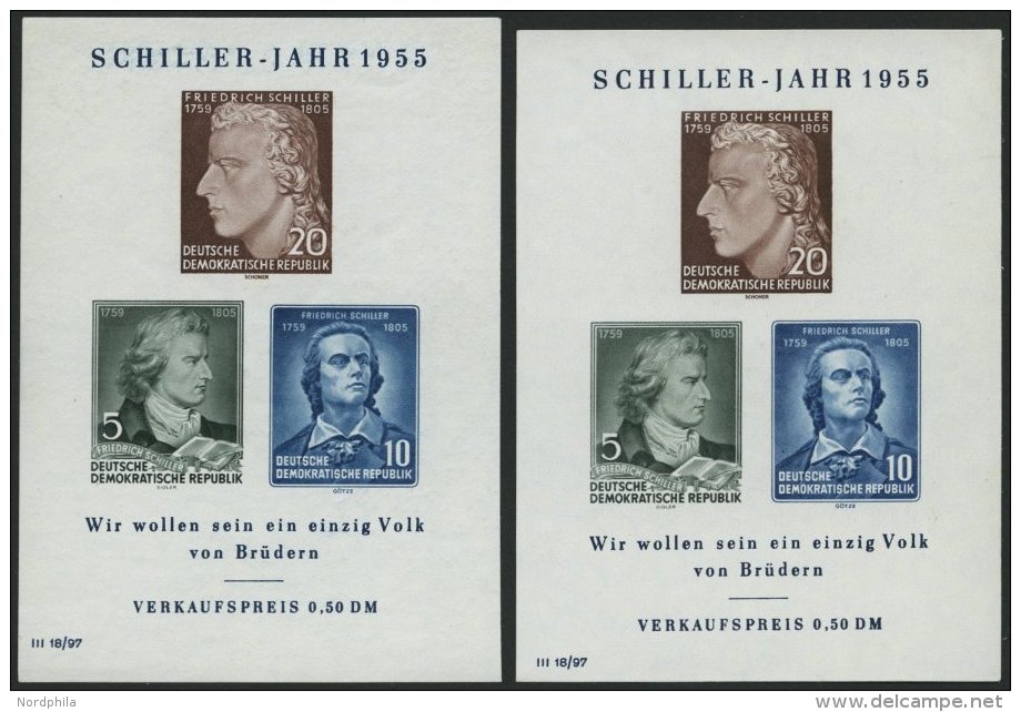 DDR Bl. 12I/II **, 1955, Block Schiller, Beide Wasserzeichen, 2 Prachtblocks, Mi. 54.- - Used Stamps