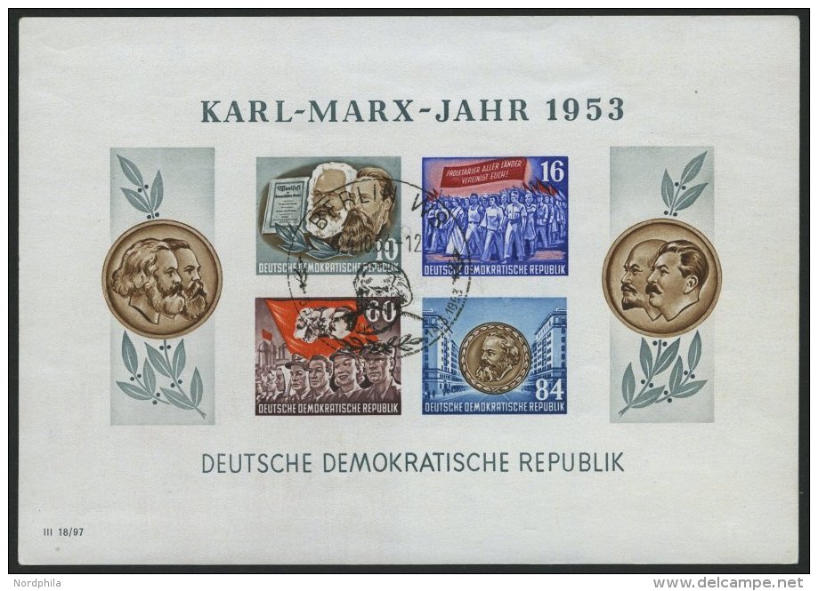 DDR Bl. 9BYI O, 1953, Marx-Block, Ungezähnt, Wz. 2YI, Ersttags-Sonderstempel, Feinst, Gepr. Schönherr, Mi. 150 - Oblitérés