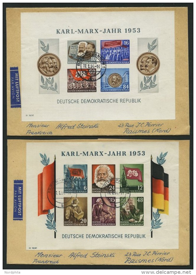 DDR Bl. 8/9BYI BRIEF, 1953, Marx-Blocks, Ungezähnt, Wz. 2YI, Je Auf Lufpostbrief Nach Frankreich, Feinst - Used Stamps
