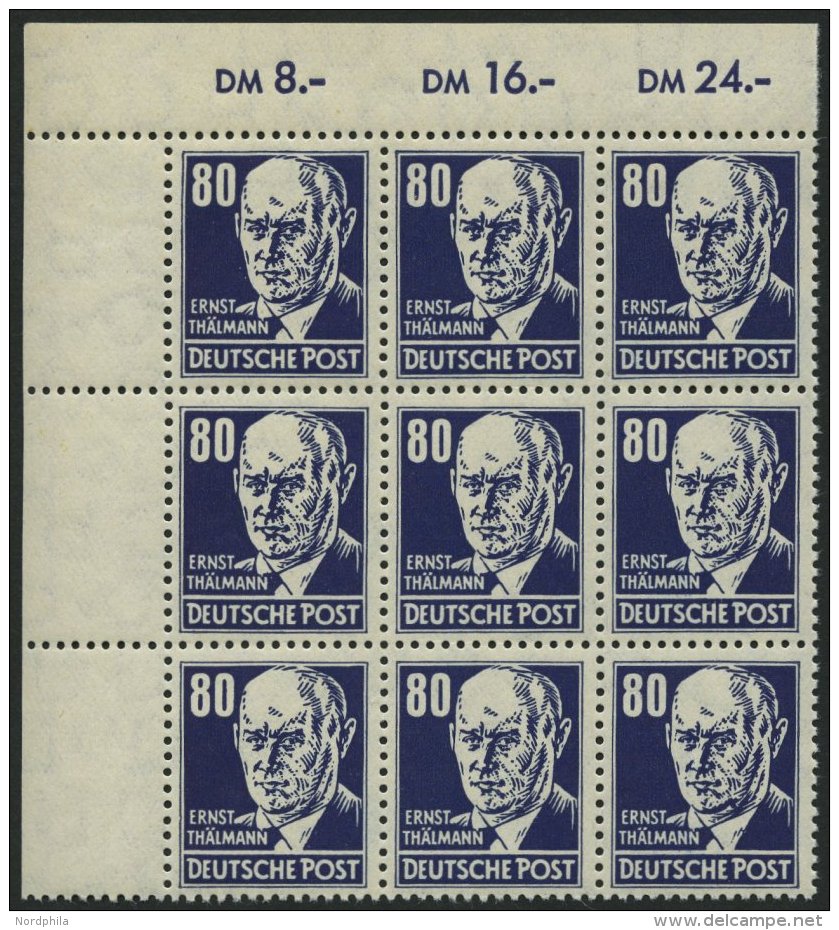 DDR 339PFIII **, 1952, 80 Pf. Thälmann Mit Plattenfehler Fleck Am Kinn Und Strich Am Kragen (Feld 23) Im Neunerbloc - Oblitérés