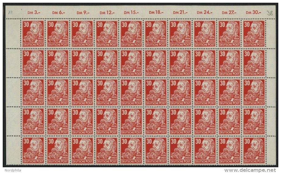 DDR 335vaXII **, 1953, 30 Pf. Rot Engels, Gestrichenes Papier, Wz. 2XII, 50x Im Bogenteil, Pracht, Mi. 1250.- - Used Stamps