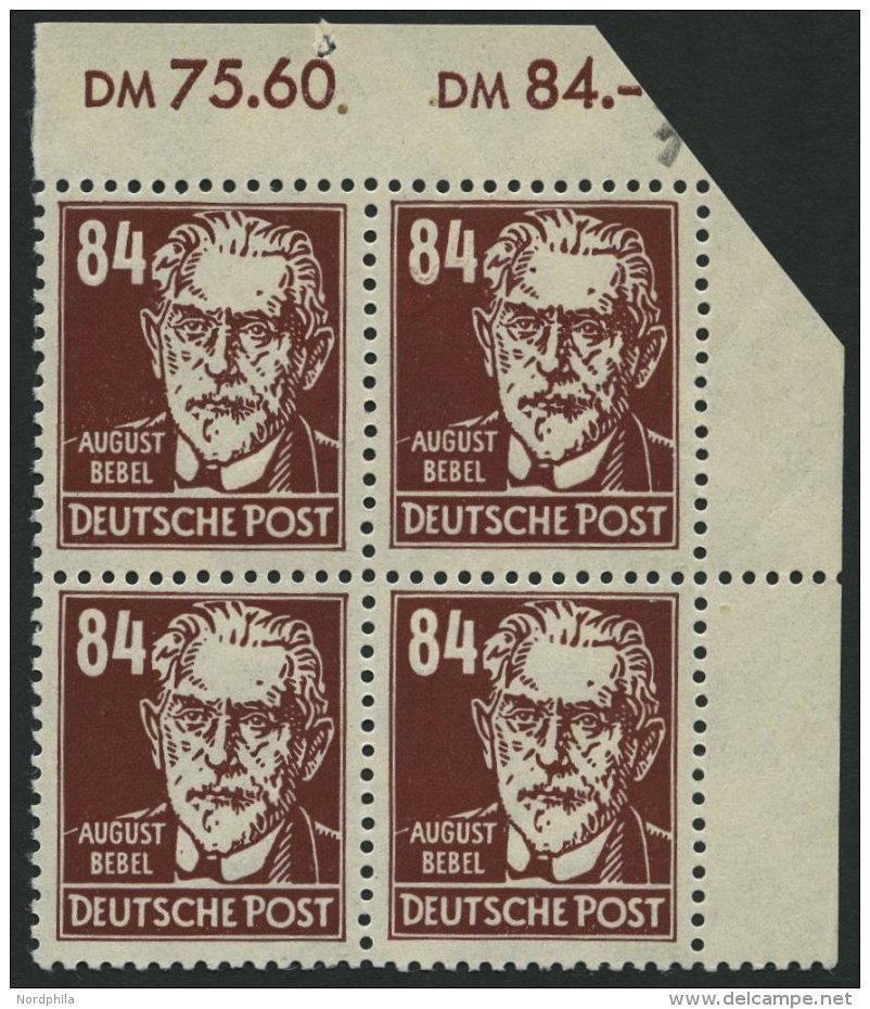 ALLGEMEINE-AUSGABEN 227b VB **, 1948, 84 Pf. Dunkelkarminbraun Bebel Im Viererblock, Pracht, Gepr. Schönherr, Mi. 1 - Autres & Non Classés