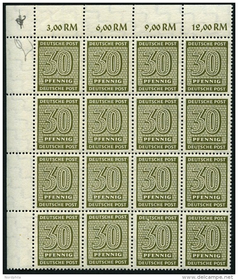 WEST-SACHSEN 135YI **, 1945, 30 Pf. Bräunlicholiv, Wz. 1Y, Im 16er-Block, Dabei Feld 33 Mit Abart Weißer Flec - Other & Unclassified