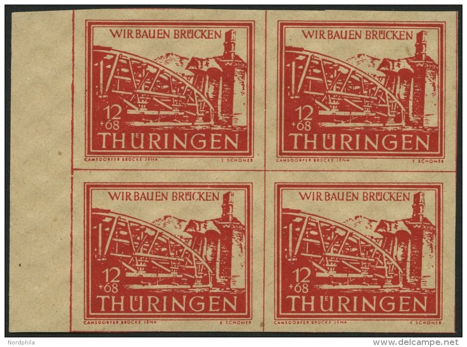 THÜRINGEN 113by VB **, 1946, 12 Pf. Rot Wiederaufbau Im Randviererblock, Pracht, Signiert Ströh, Mi. (240.-) - Other & Unclassified