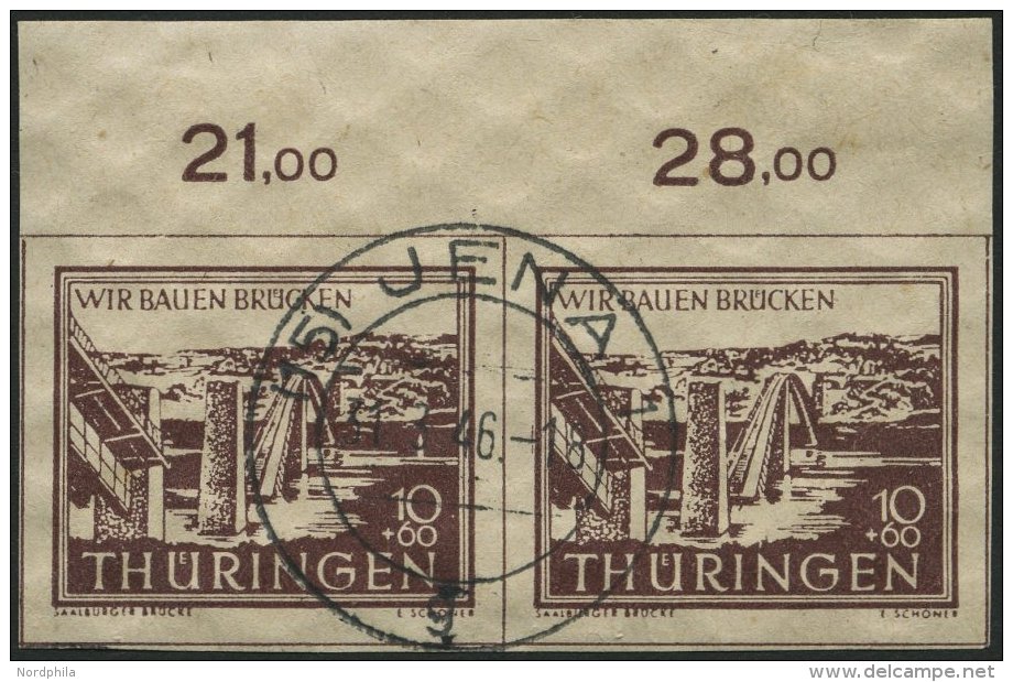 THÜRINGEN 112yI O, 1946, 10 Pf. Wiederaufbau Mit Abart Springbrunnen über Wertangabe (Feld 3), Im Oberrandpaar - Other & Unclassified