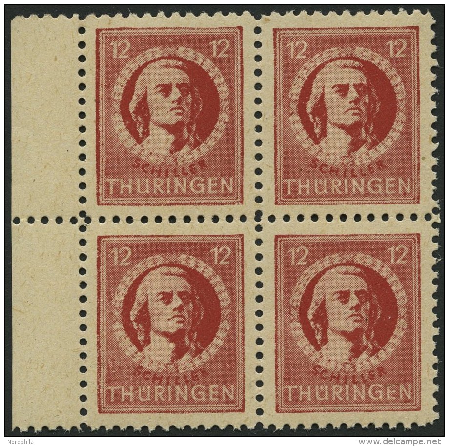 THÜRINGEN 97AXbt VB **, 1945, 12 Pf. Dunkelbräunlichrot, Gelblichgraues Papier, Im Randviererblock, Pracht, Ge - Other & Unclassified