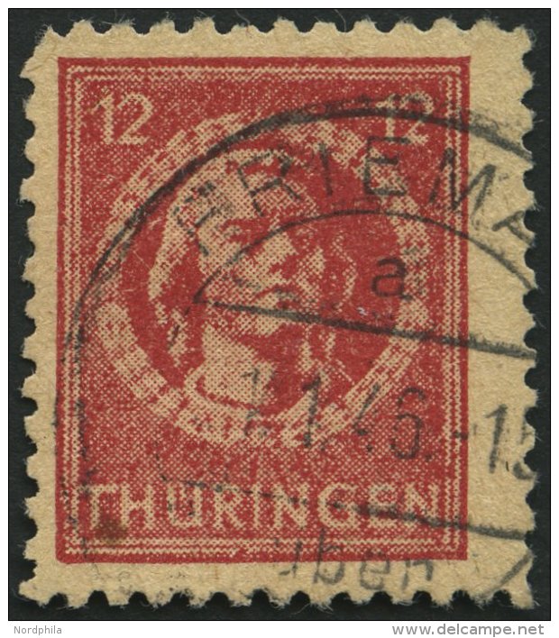 THÜRINGEN 97AXar O, 1945, 12 Pf. Karminrot, Vollgummierung, Hellchromgelbes Papier, Dicke Gummierung, Type I, Prach - Other & Unclassified