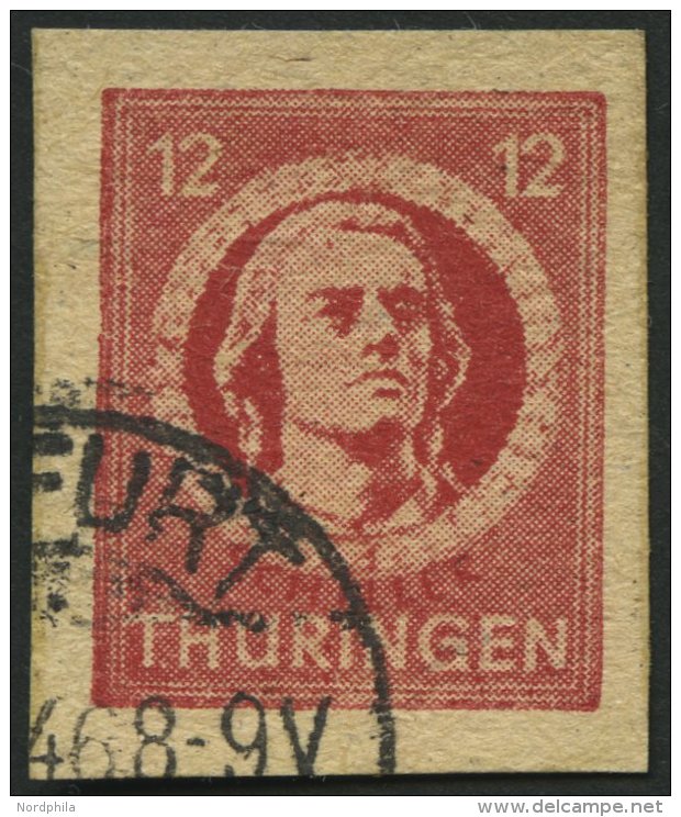 THÜRINGEN 97AXaqU O, 1945, 12 Pf. Karminrot, Vollgummierung, Graues Kartonpapier, Ungezähnt, Pracht, Gepr. Str - Other & Unclassified