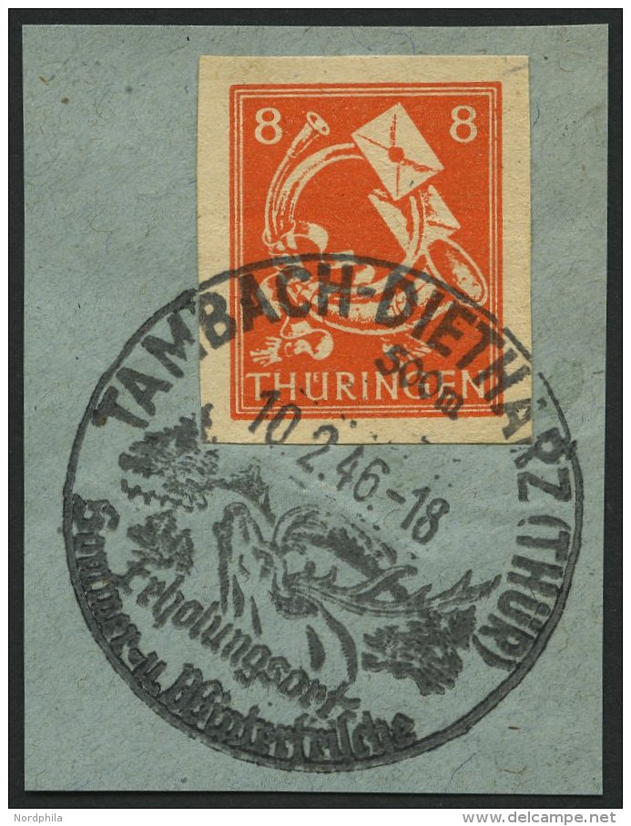 THÜRINGEN 96AXwU BrfStk, 1945, 8 Pf. Rotorange, Vollgummierung, Dickes Papier, Ungezähnt, Sonderstempel TAMBAC - Other & Unclassified