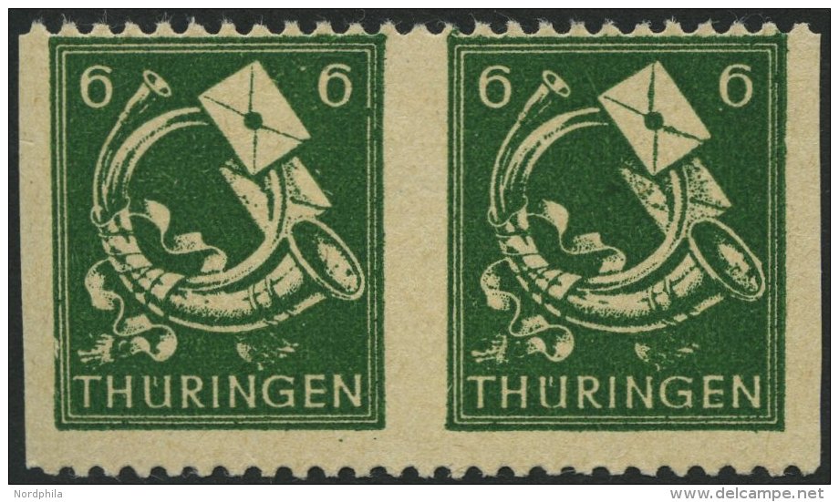 THÜRINGEN 95AXatUs Paar *, 1945, 6 Pf. Dunkelgrün, Vollgummierung, Gelblichgraues Papier, Im Waagerechten Paar - Other & Unclassified