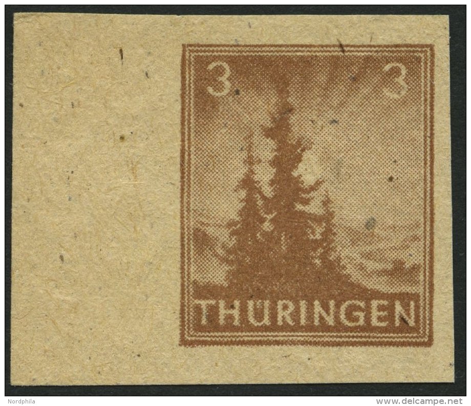 THÜRINGEN 92AYz2U **, 1946, 3 Pf. Orangebraun, Spargummierung, Dickes Papier, Fallende Papierstreifung, Ungezä - Other & Unclassified