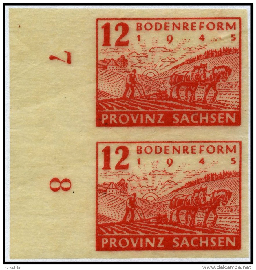 PROVINZ SACHSEN 91XU Paar **, 1946, 12 Pf. Bodenreform Auf Zigarettenpapier, Wz. X, Ungezähnt, Im Senkrechten Paar - Other & Unclassified