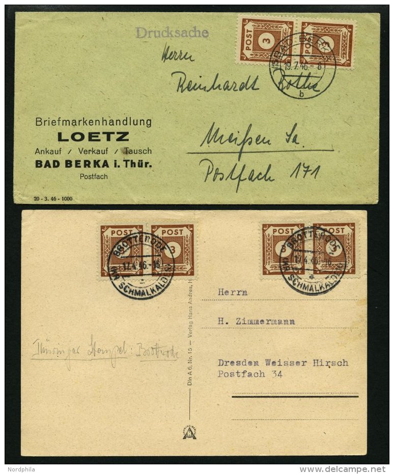 OST-SACHSEN 56 BRIEF, 1946, 3 Pf. Braun Im Paar Auf Drucksache Und 4x Auf Fernpostkarte, 2 Belege Mit Stempeln Aus TH&Uu - Other & Unclassified