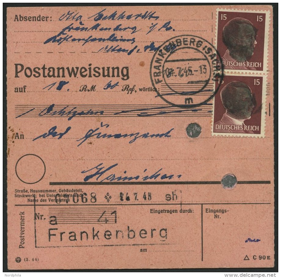 SÄCHSISCHE SCHWÄRZUNGEN AP 789I Paar BRIEF, FRANKENBERG, 15 Pf. Im Senkrechten Paar Auf Postanweisung, Pracht - Autres & Non Classés