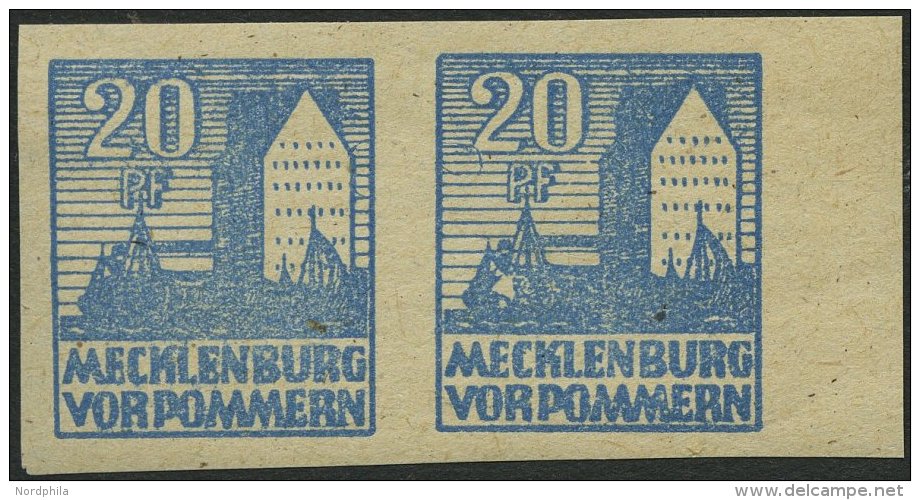 MECKLENBURG-VORPOMMERN 38ybU Paar **, 1946, 20 Pf. Lebhaftgrauultramarin, Ungezähnt, Im Waagerechten Paar Mit Recht - Other & Unclassified