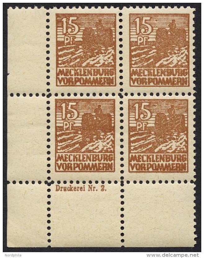 MECKLENBURG-VORPOMMERN 37zaDZ **, 1946, 15 Pf. Gelbbraun, Dünnes Papier, Im Eckrandviererblock Mit Druckereizeichen - Other & Unclassified