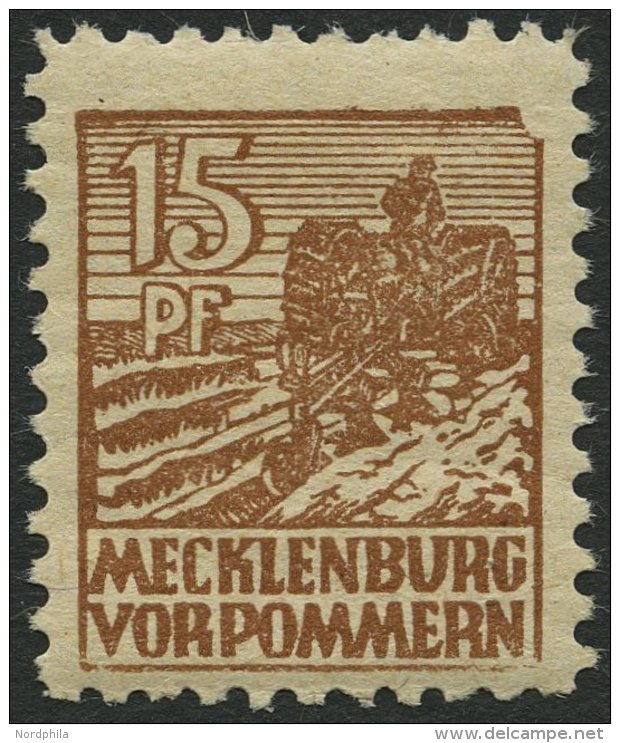 MECKLENBURG-VORPOMMERN 37yeII **, 1946, 15 Pf. Orangebraun, Graues Papier, Plattenfehler II, üblich Gezähnt Pr - Other & Unclassified